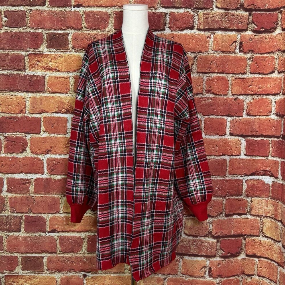 Crown & Ivy Open Cardigan in Red Green Plaid Sweater Long Sleeve Size Large‎ NEW